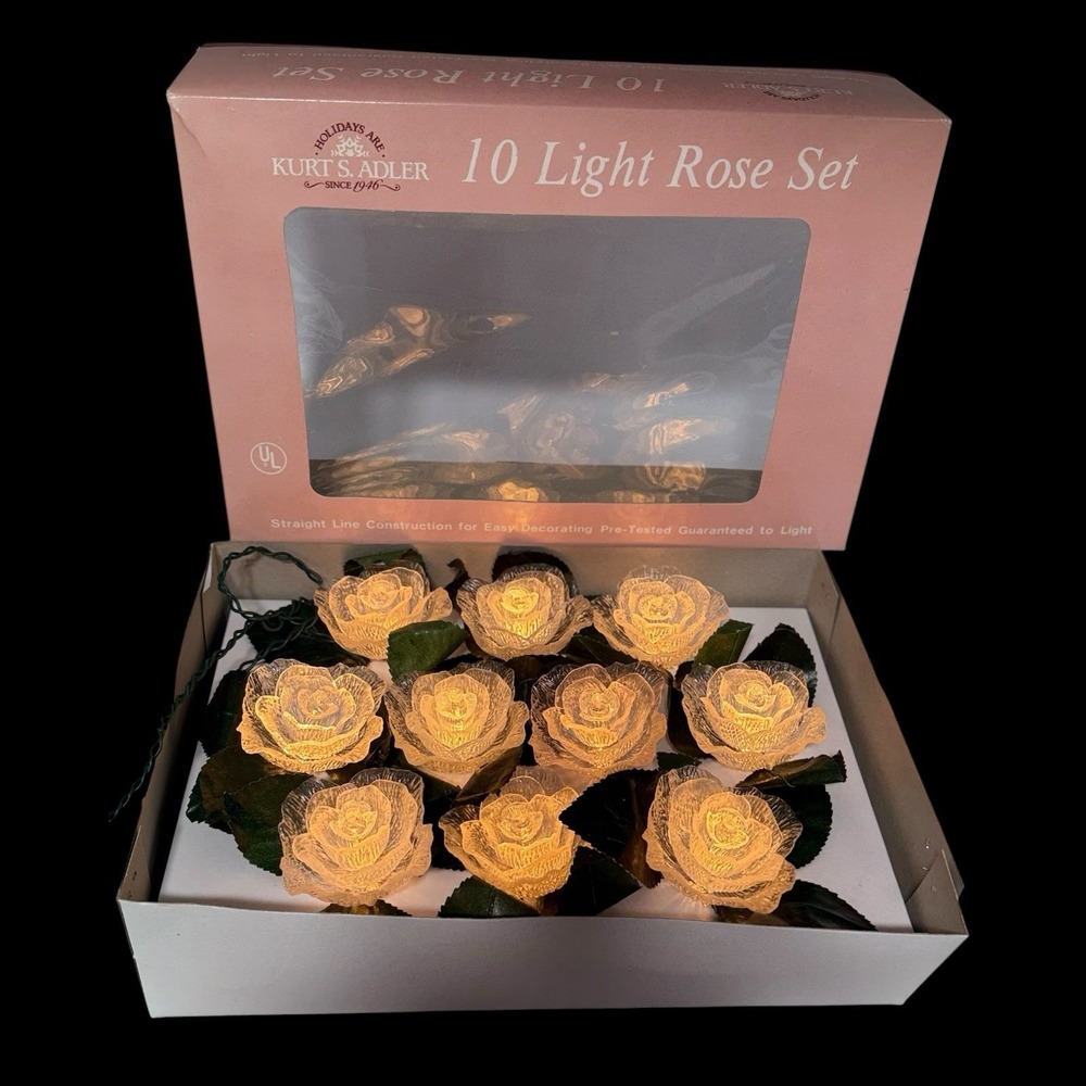 Kurt Adler White Rose String Lights 10 Light Set Wedding Cottage Dorm Tested VTG